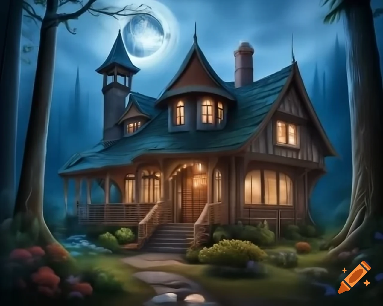 Lunarpunk aesthetic round two-story home with intricate architecture