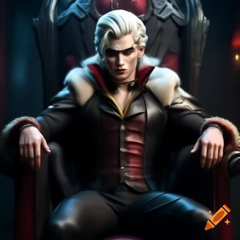 Vampire Prince with white hair and yellow eyes seated on a black throne
