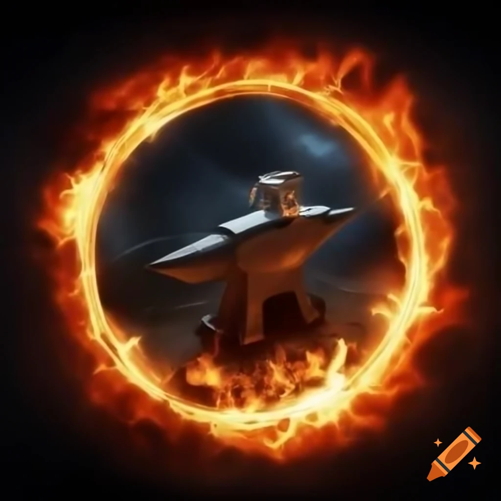 Circular ring of fire featuring a hammer, sword, and anvil