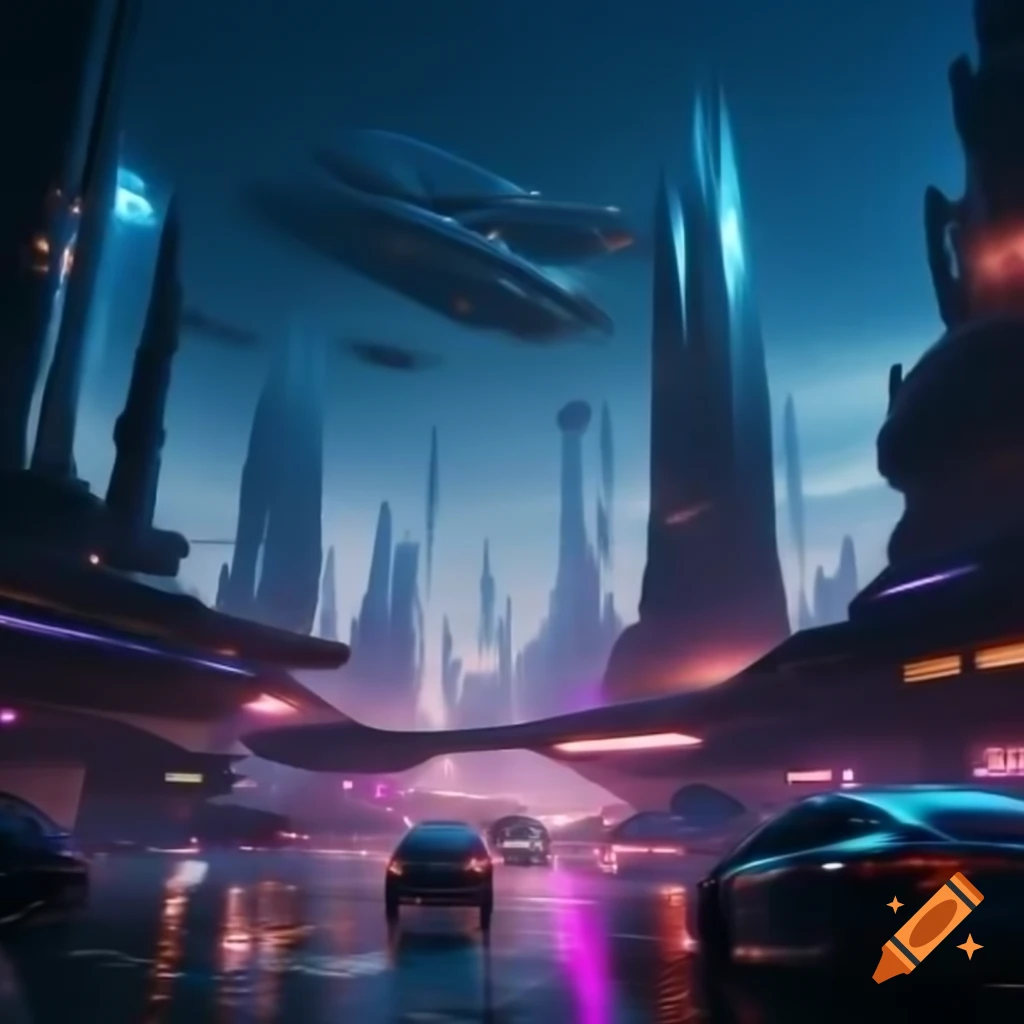 Futuristic cityscape with translucent skyscrapers and flying vehicles in neon twilight