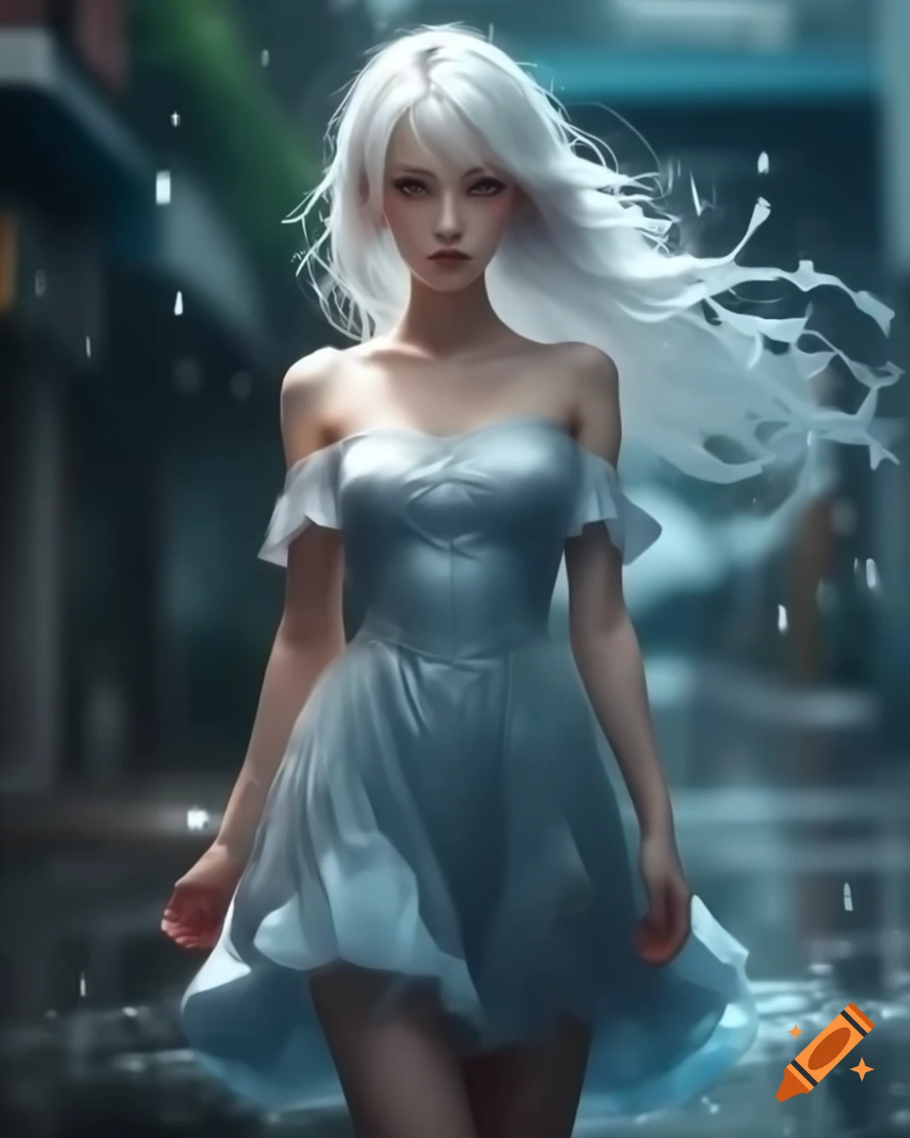Anime woman with white hair in a dress on a rainy day