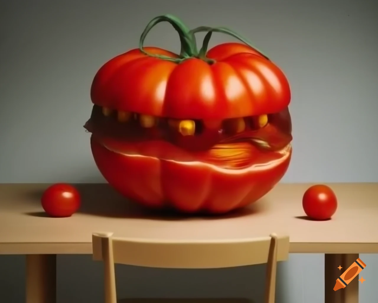 Hyper-realistic tomato sculpture in breathtaking landscape