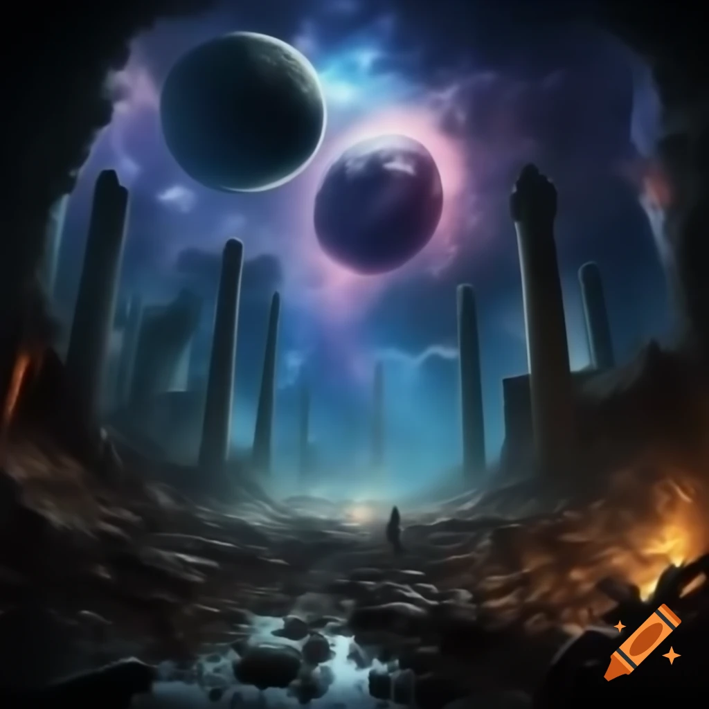 Surreal cosmic scene of aftermath with entities clashing in ruins