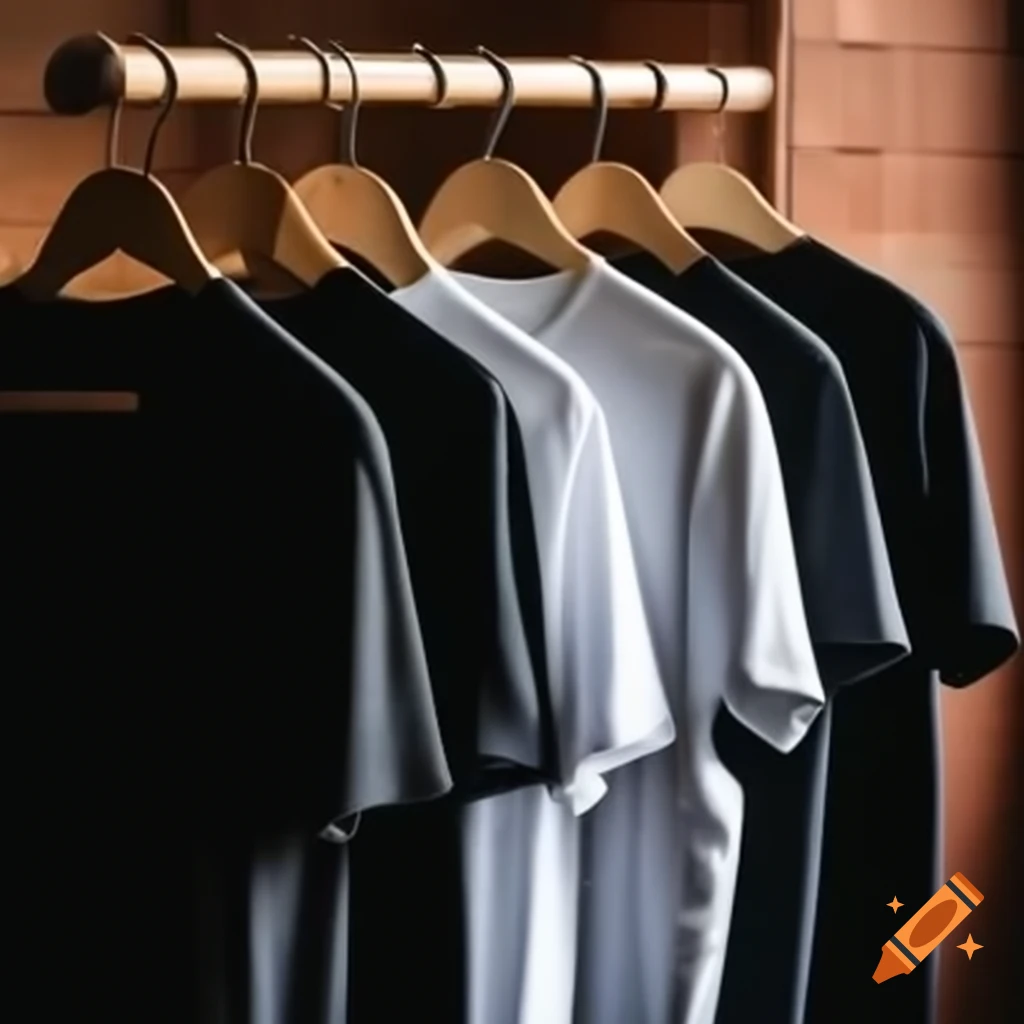 Black and white t-shirts hanging on wooden rack
