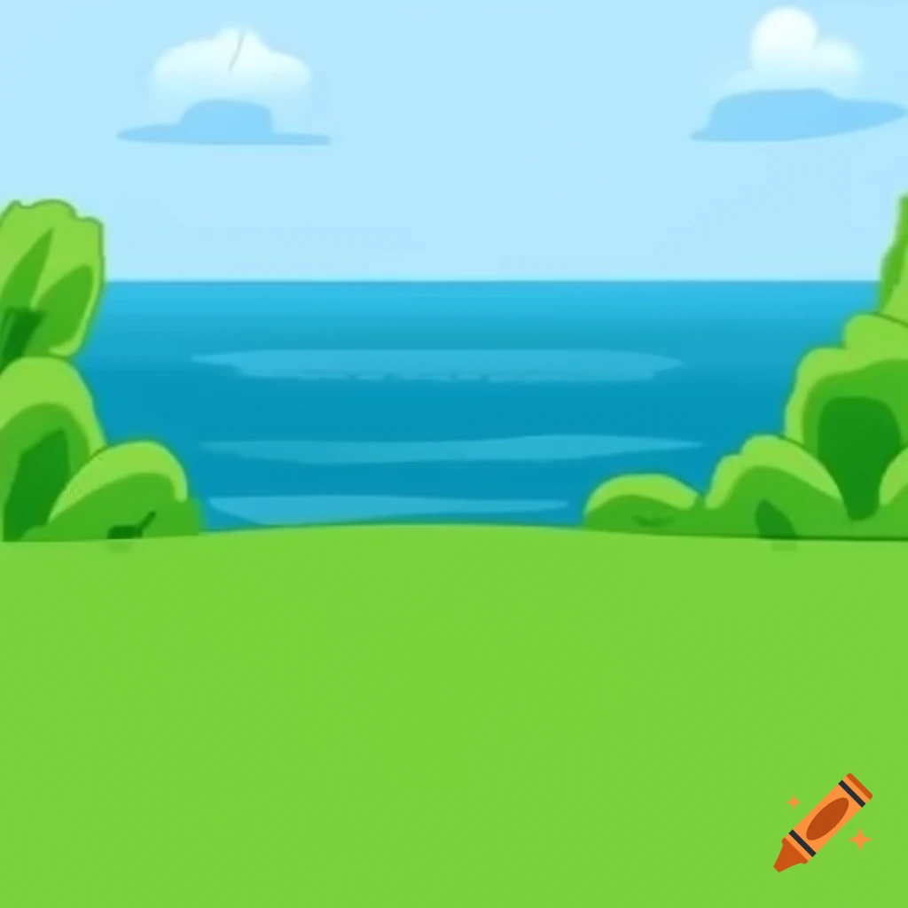 Idyllic green garden with sea background in cartoon style