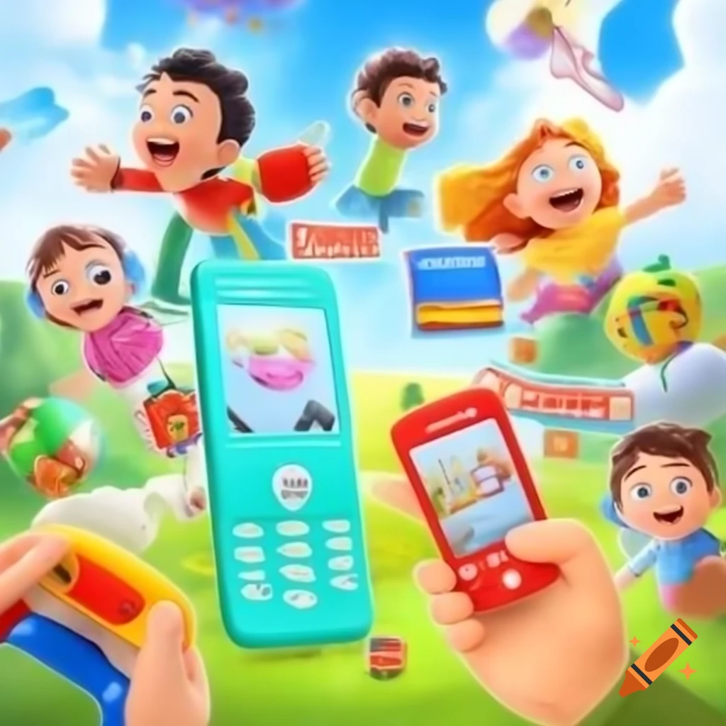 Children excitedly gathered around shiny Telefonel phone displaying games and apps