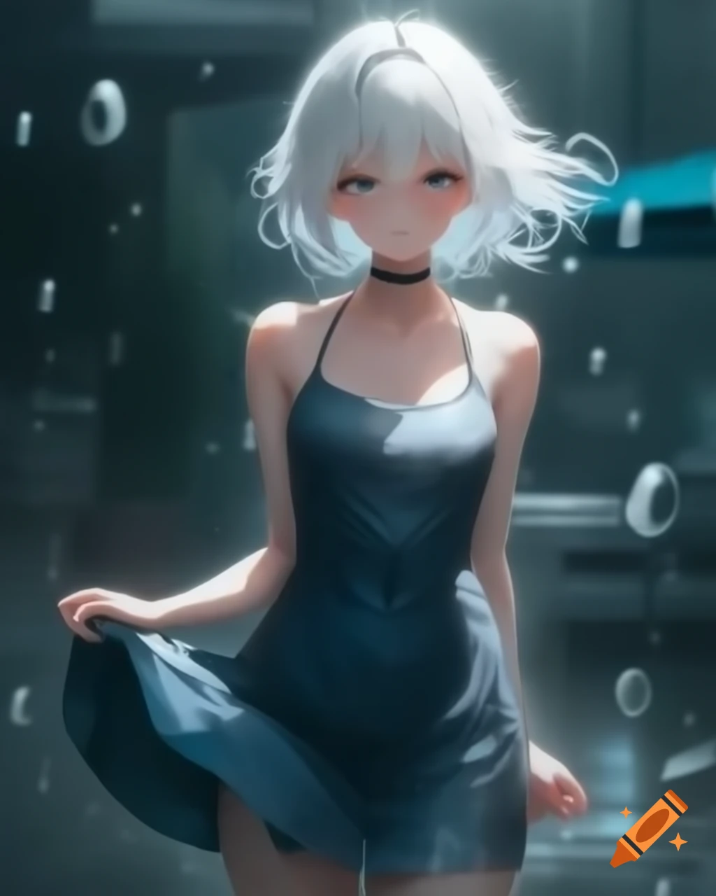 Anime character with white hair and dress on a rainy day