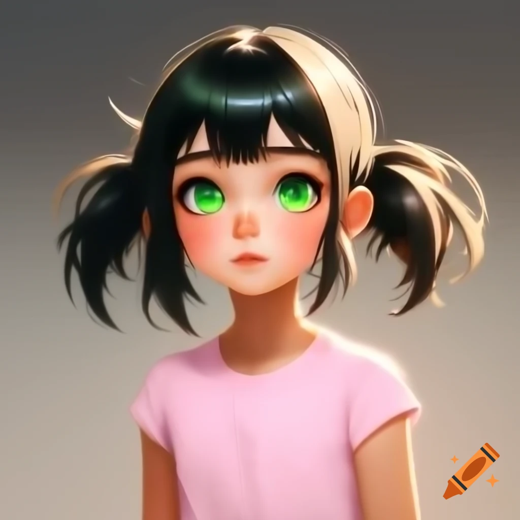 Anime girl with blonde hair and dark green eyes, arms crossed in pink t-shirt