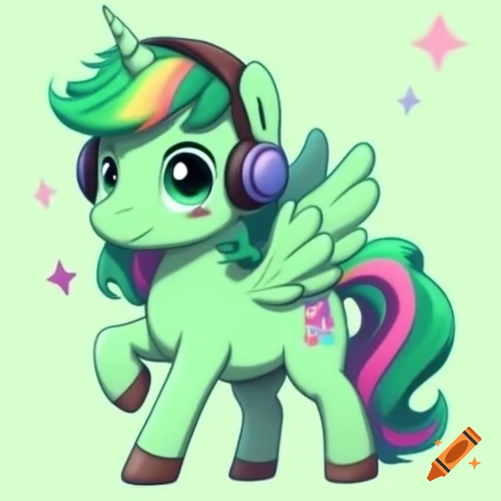 Cute green pegasus with aurora colored hair and headphones enjoying music
