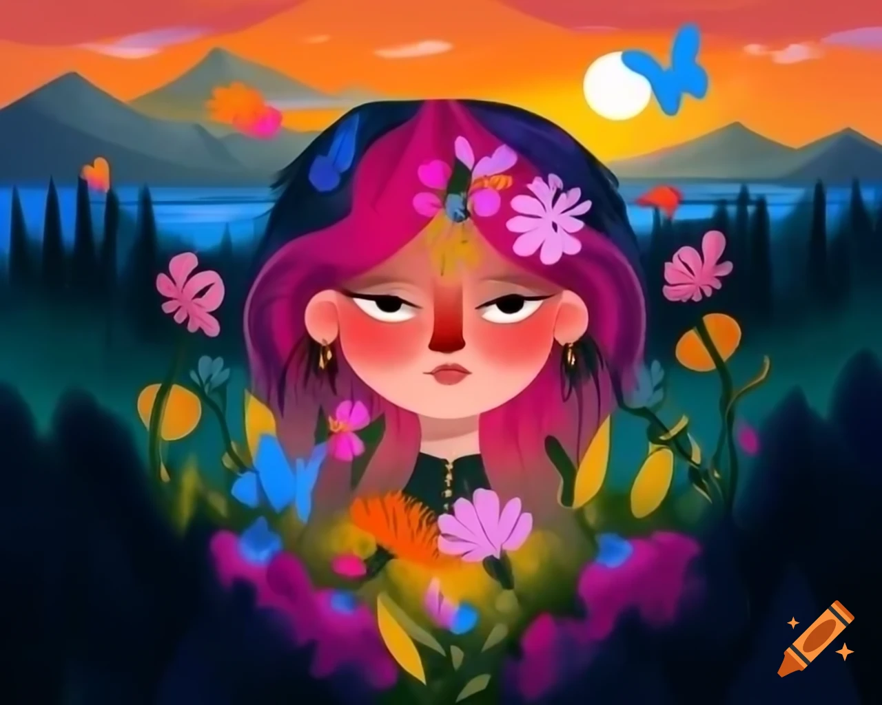 Colorful-haired woman with wildflowers and butterflies in a vibrant costume at sunset