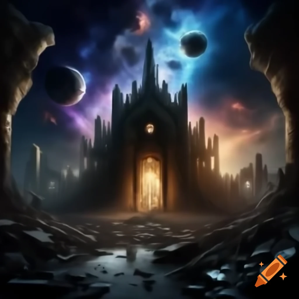 Surreal cosmic dream war aftermath with ruins and destruction, suggesting mystery