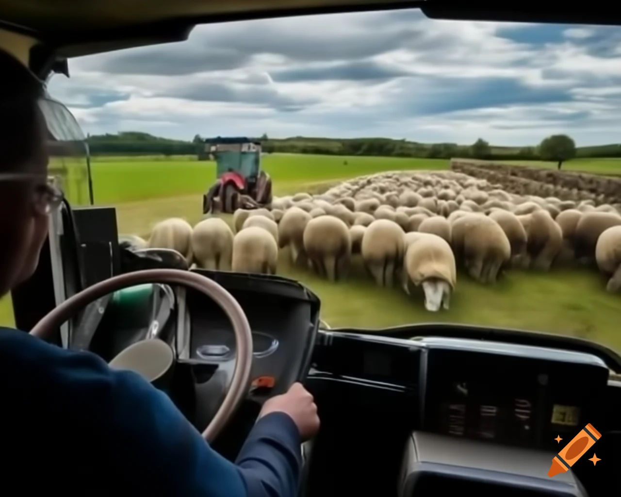 Sheep driving a tractor on a farm