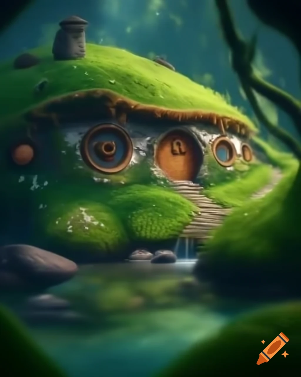 Hobbit house covered in grass and moss beside clear river with lush vegetation