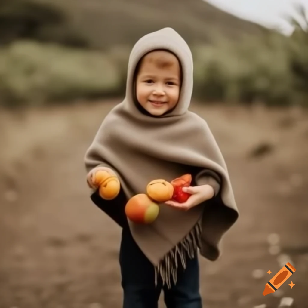 Niño con poncho sosteniendo frutas de arándano