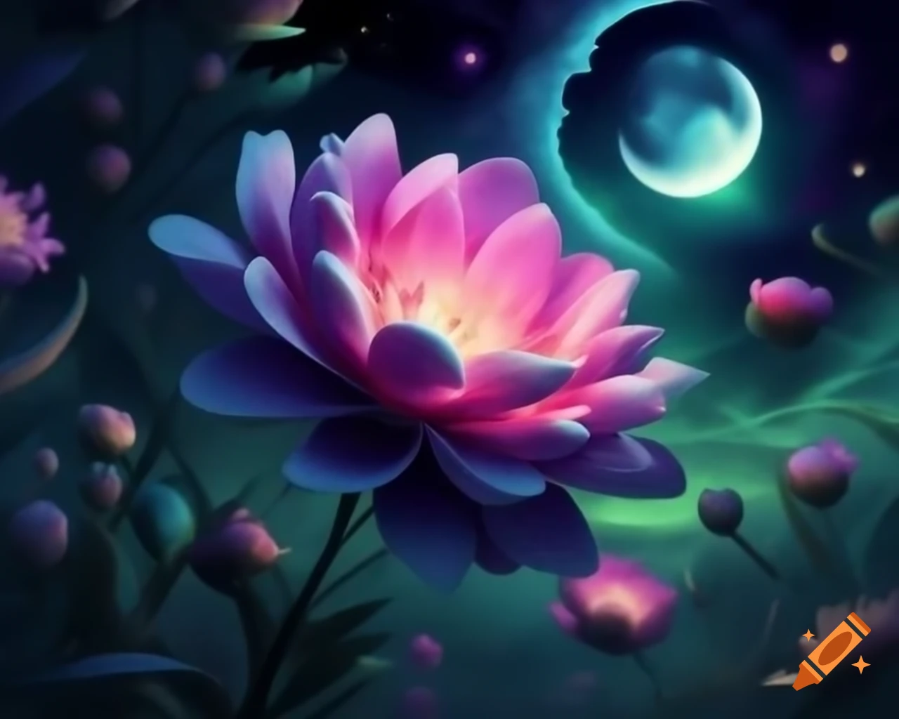 Aurora-colored flower blooming under night sky with auroras and full moon