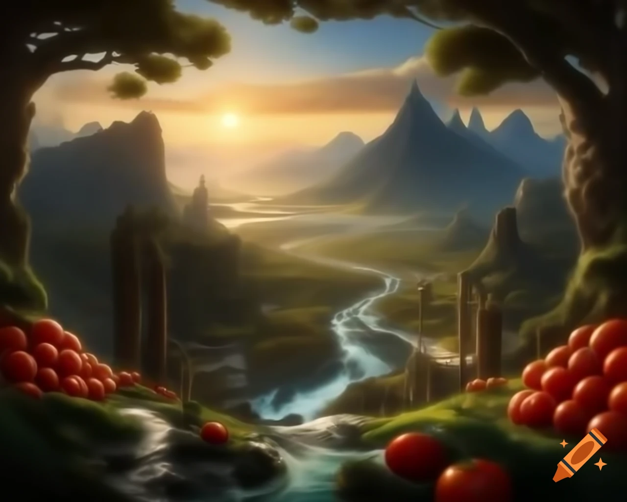 Legend of valley surrounded by ripe tomatoes and towering mountains