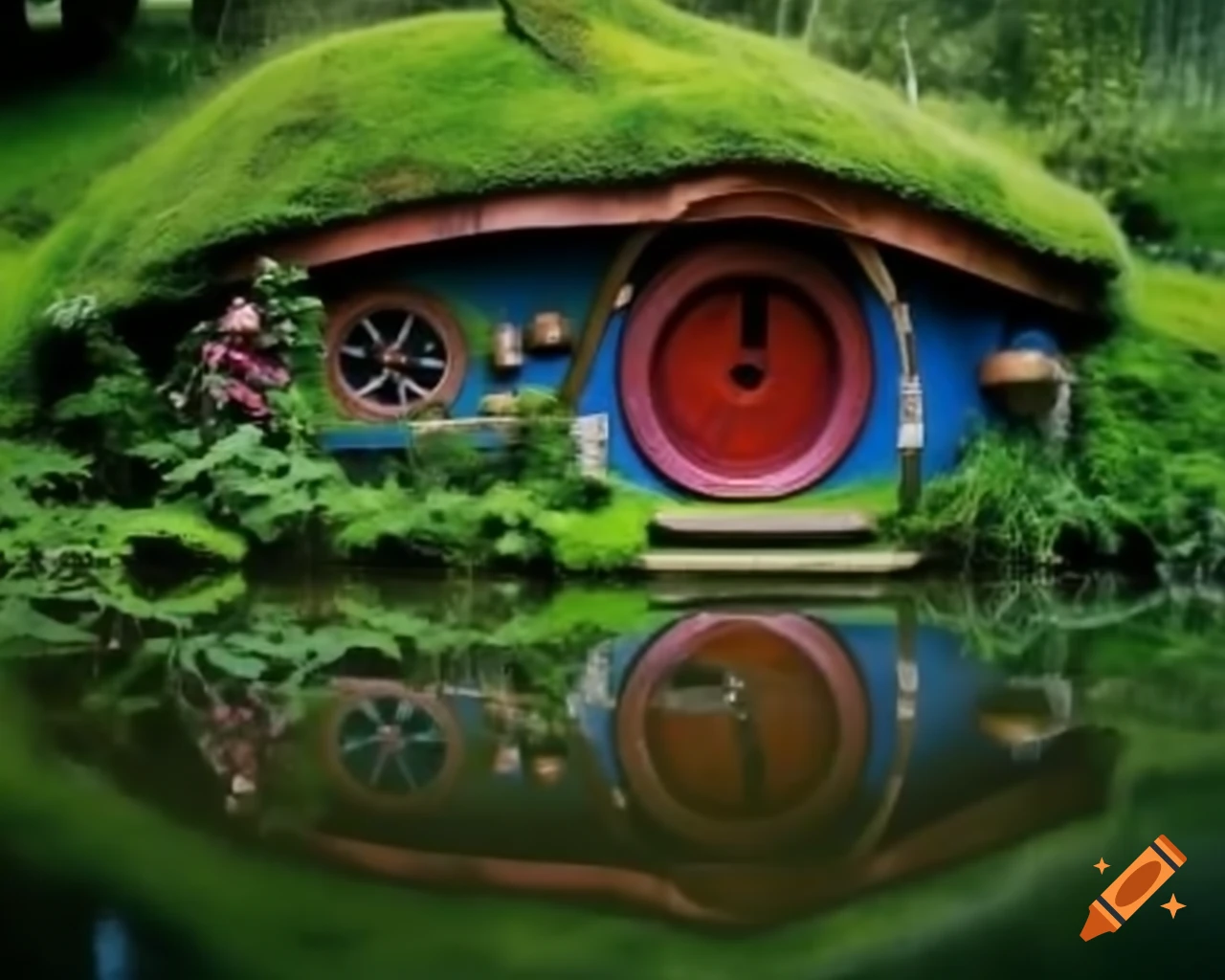 Mossy hobbit house by a lake with puddles, raw photography