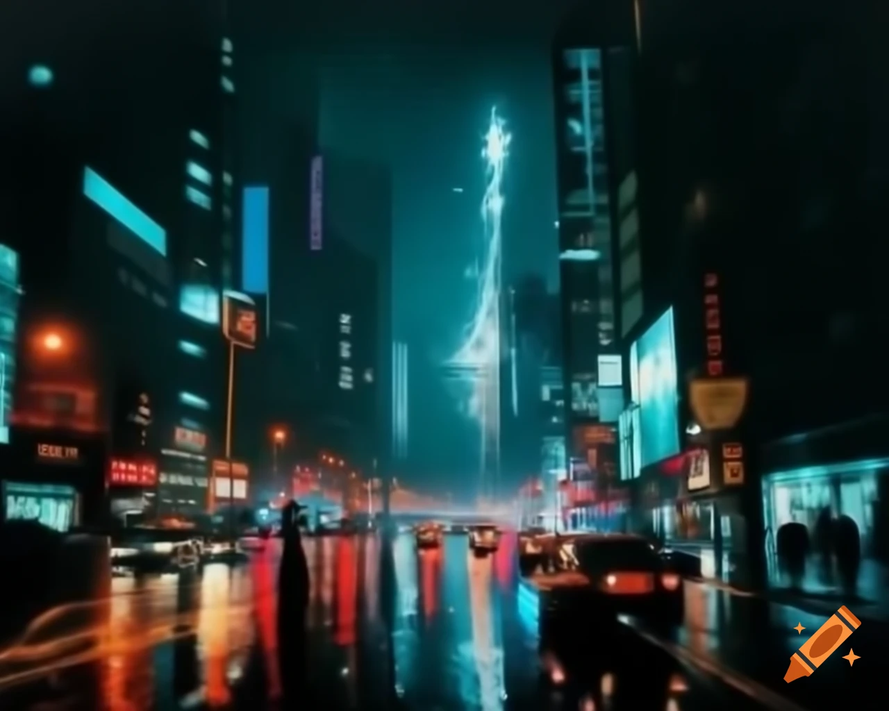 Cinematic night cityscape with neon lights and towering skyscrapers