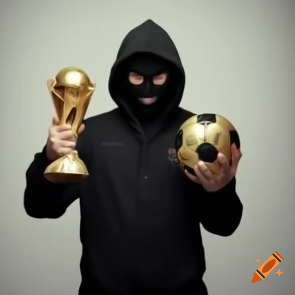Robber holding golden soccer ball trophy