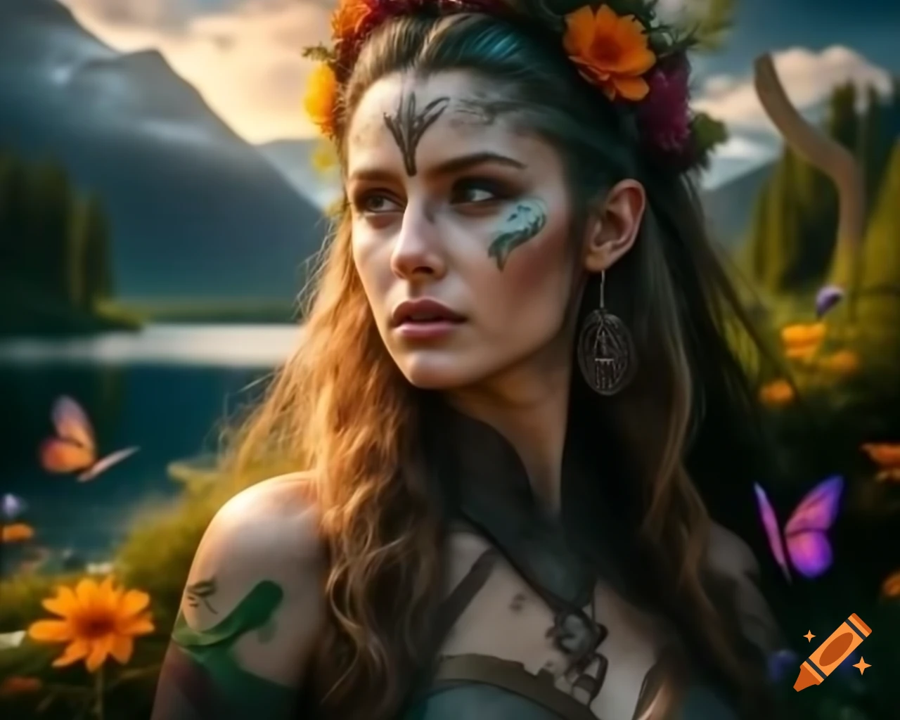 Hyperrealistic render of mystical Norse Celtic woman with flowers and butterflies in hair