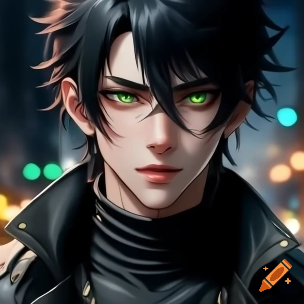 Close-up of handsome anime male with messy black hair and leather jacket in night background
