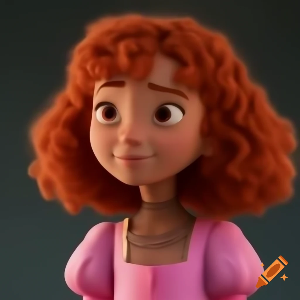 3D Disney-style mouse girl character in pink dress with curly red hair seen from behind