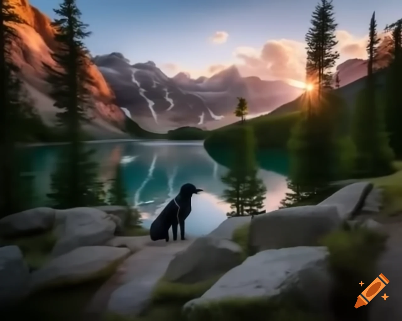 Realistic nature photography of black labrador retriever by lake with mountains and birds