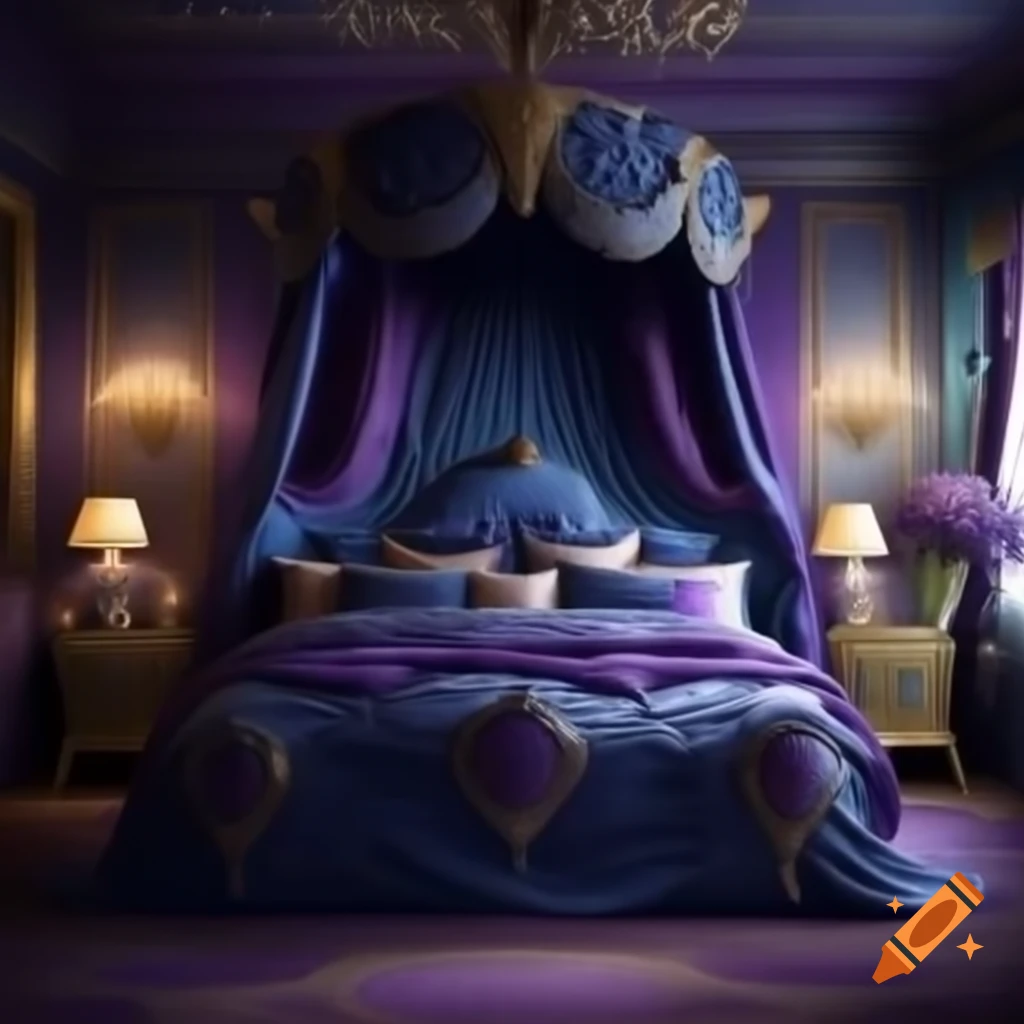 Majestic royal bedroom decorated in blue, purple, and gold colors