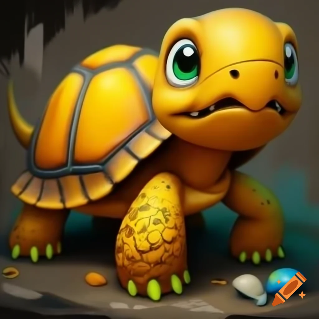 Graffiti art of 1990's Nintendo-inspired yellow-orange tortoise with blue shell