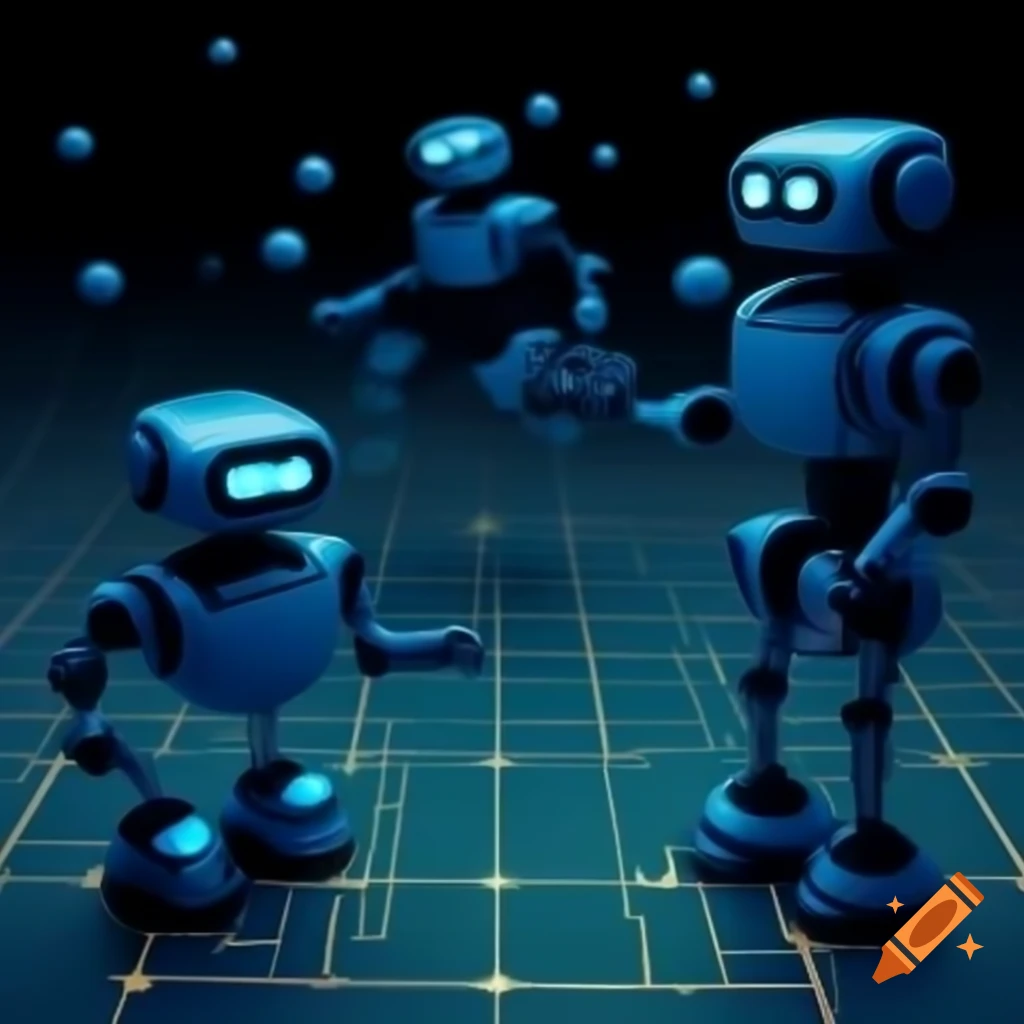 Dancing robots on synthwave grid background
