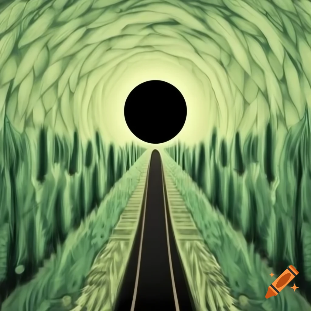 Abstract drawing of tunnel leading to black hole surrounded by green wormwood entity in oil pastel