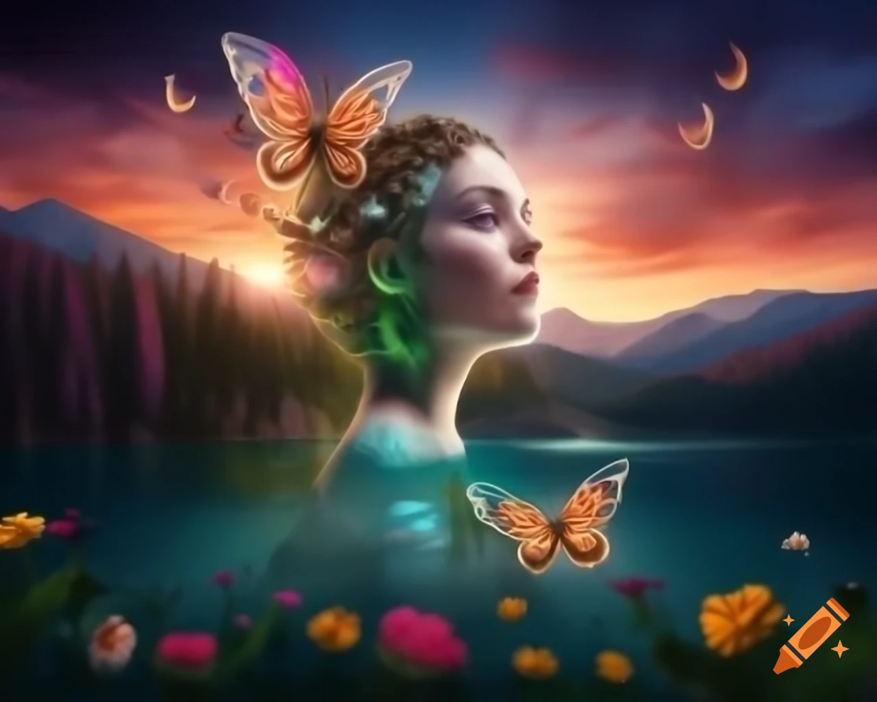 Mountain lake with forest and surreal woman's face made of colorful flowers