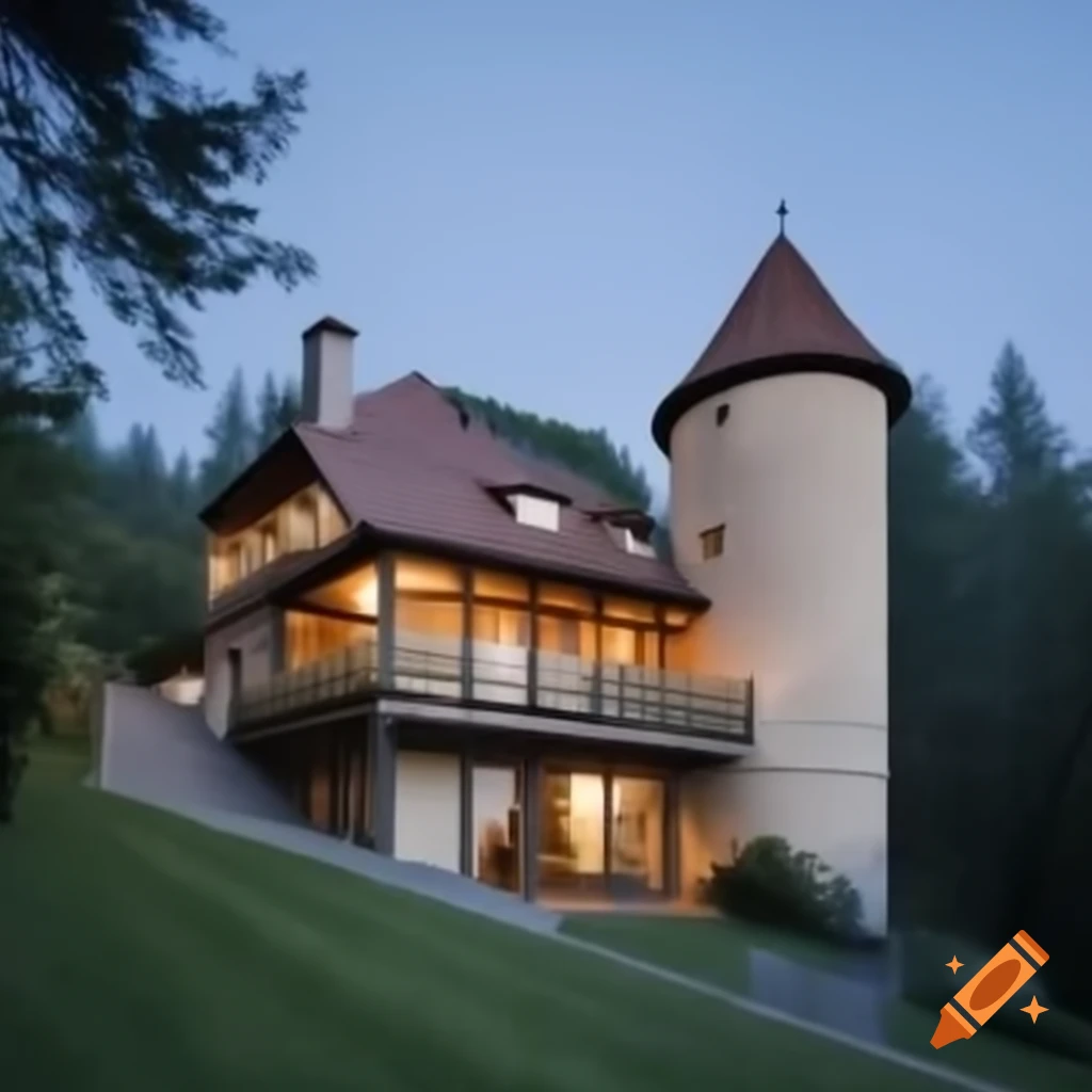 Spacious villa with columns, tower, terrace, and sunset balcony