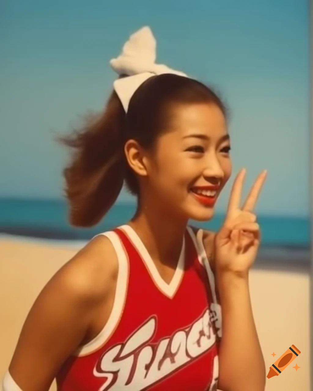 Vintage hyperrealistic photo of Japanese idol actress in cheerleader uniform on palm beach making peace sign