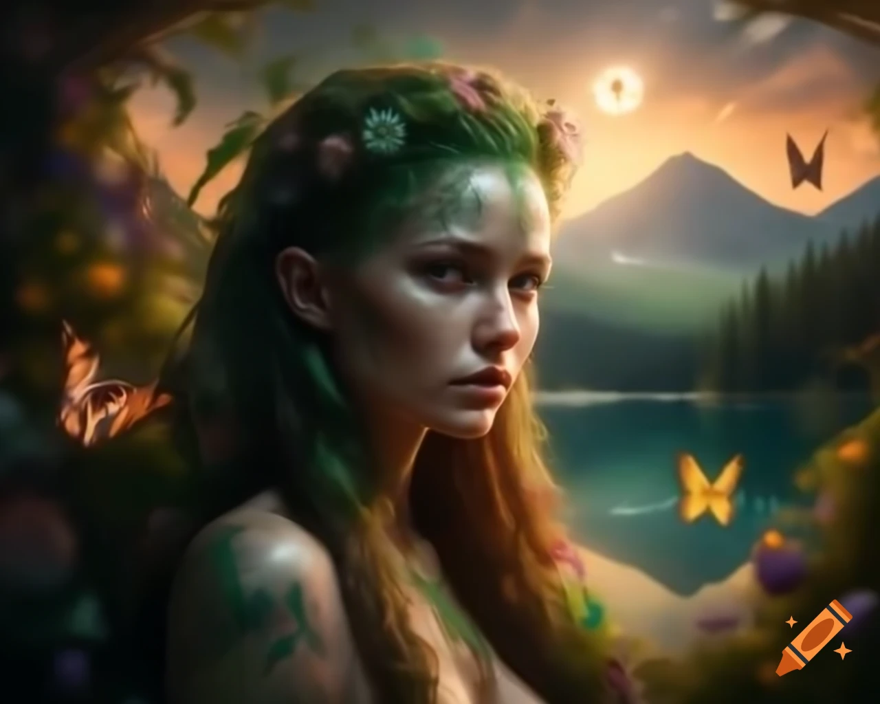 Hyperrealistic render of mystical Norse Celtic woman with flowers and butterflies in hair
