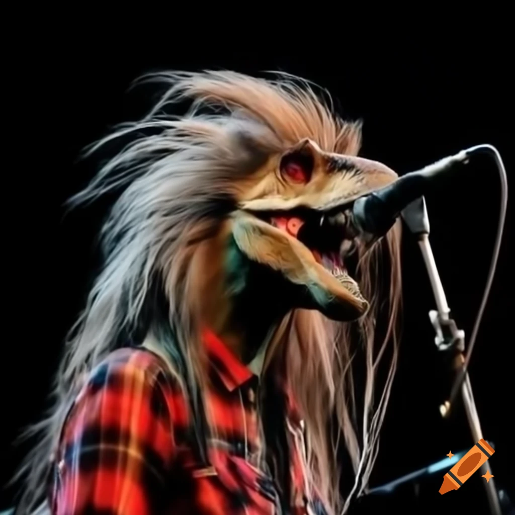Dinosaur with grunge hair in flannel shirt singing into microphone