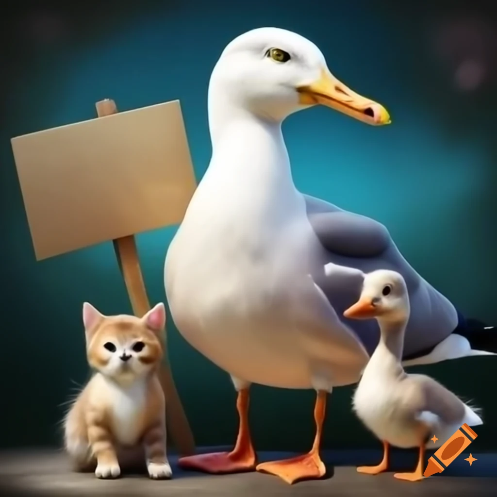 Seagull, duck, goose, kitten, and puppy holding a political sign