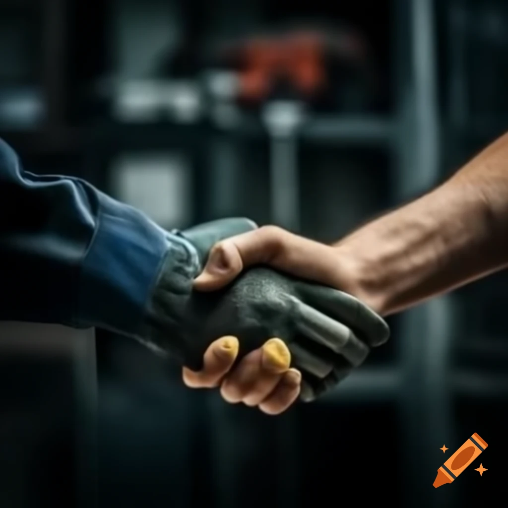 Handshake with one hand wearing a welding glove