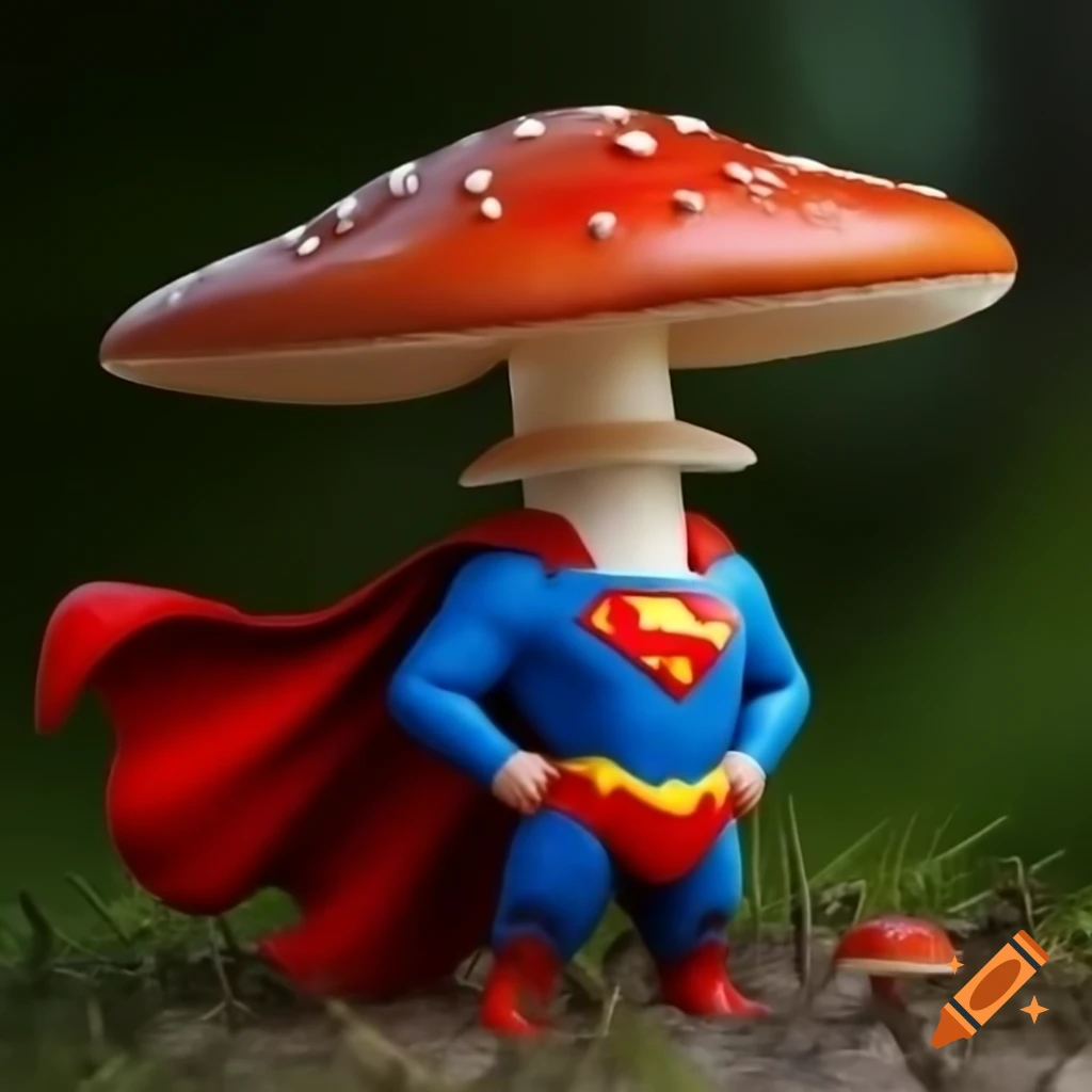 Caricature of Superman as a mushroom with a cape, realistic style