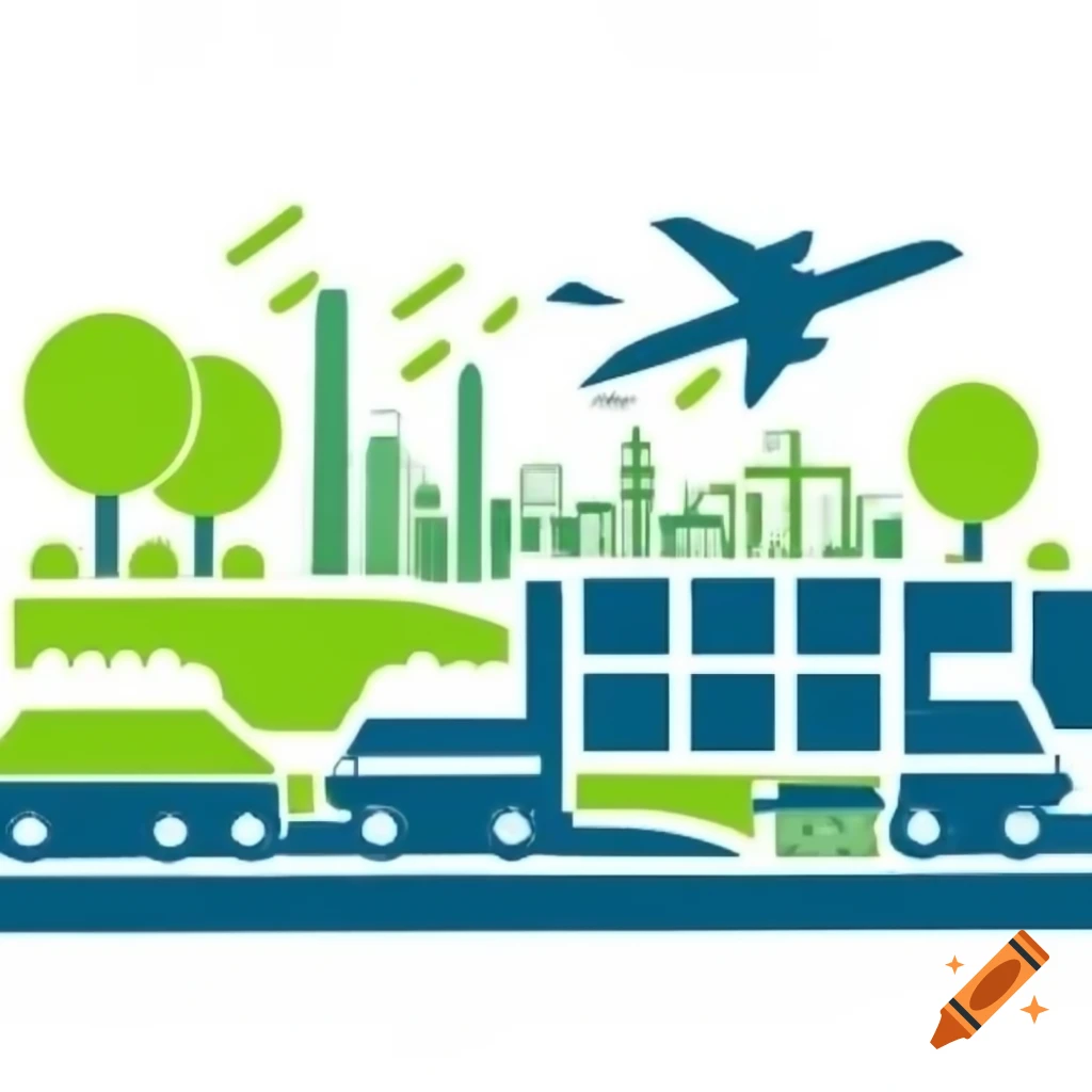 Horizontal skyline logo featuring trucks, airplanes, container ships, trains, and trees on a white background