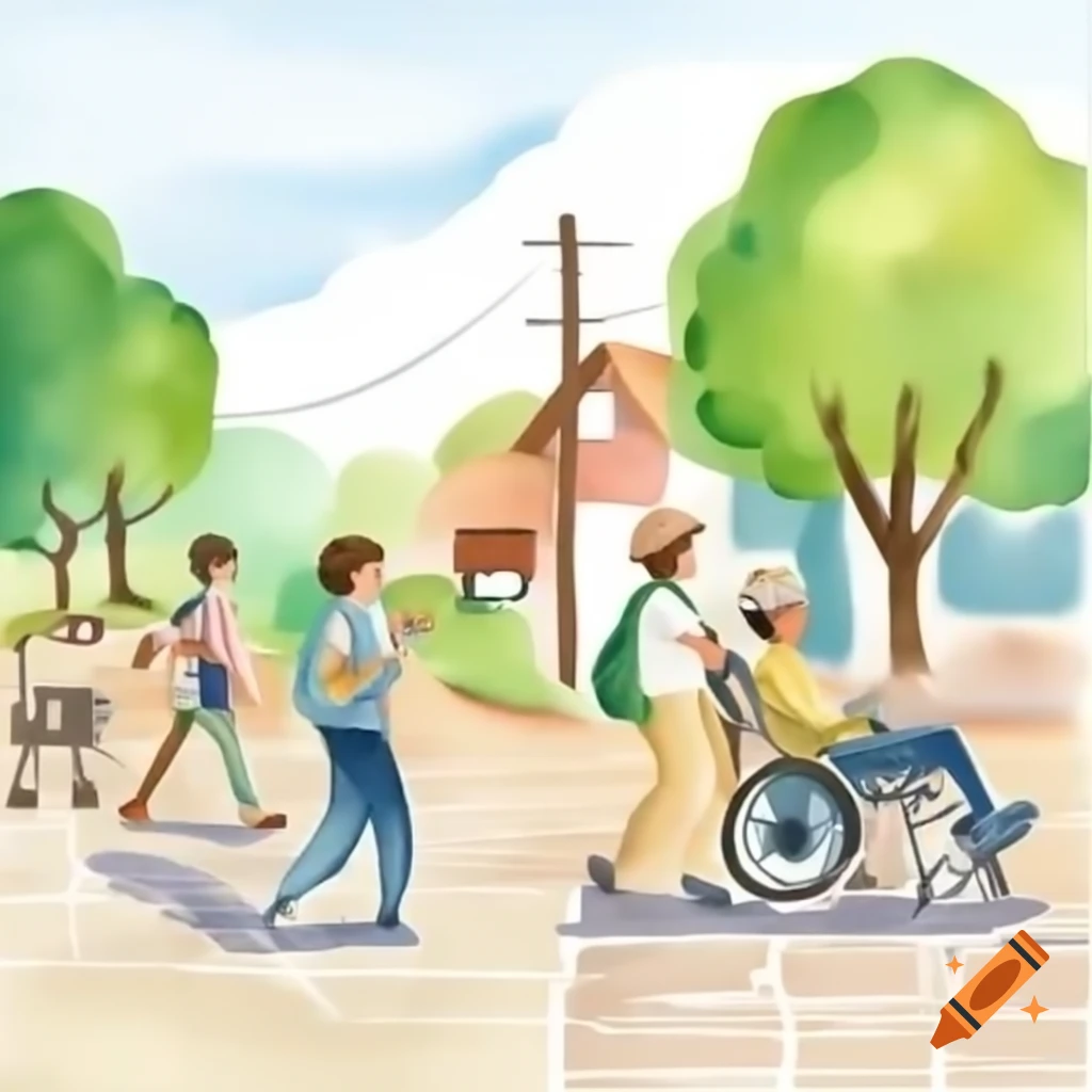 Cartoon style scene of people and wheelchairs on village pavement