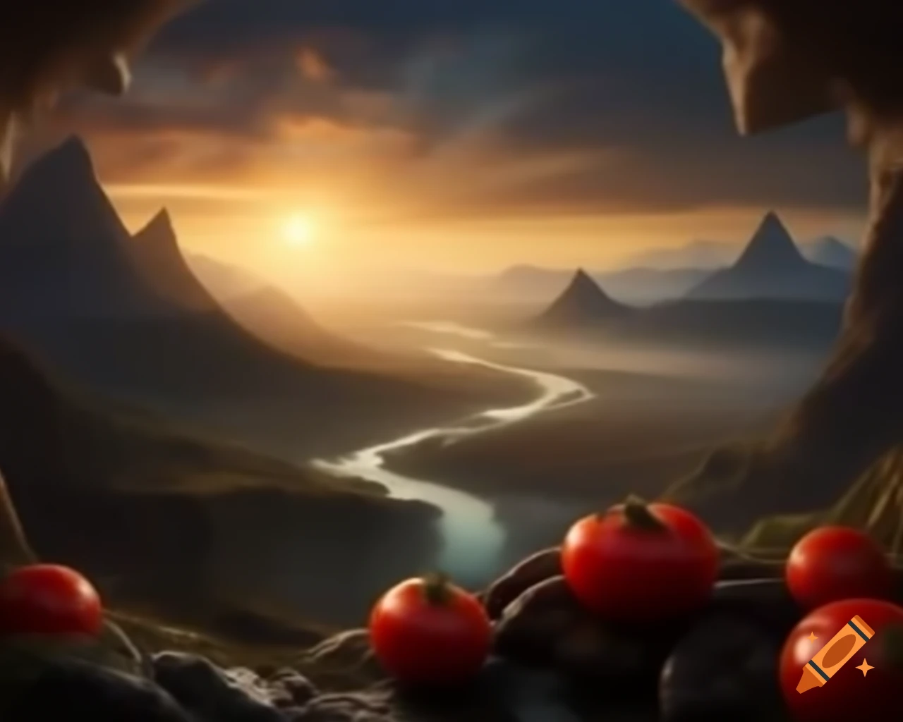 Legend of valley surrounded by ripe tomatoes and towering mountains