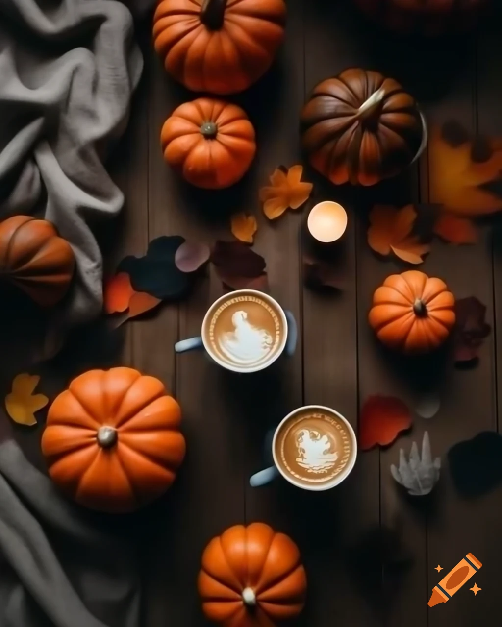Cozy autumn scene with candles, pumpkins, and latte