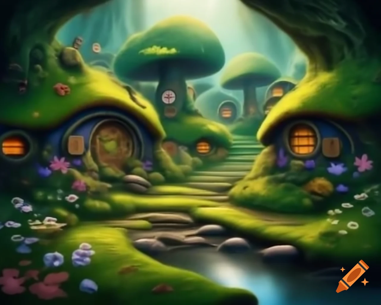 Alley with vegetation, hobbit houses, flowers, and puddles