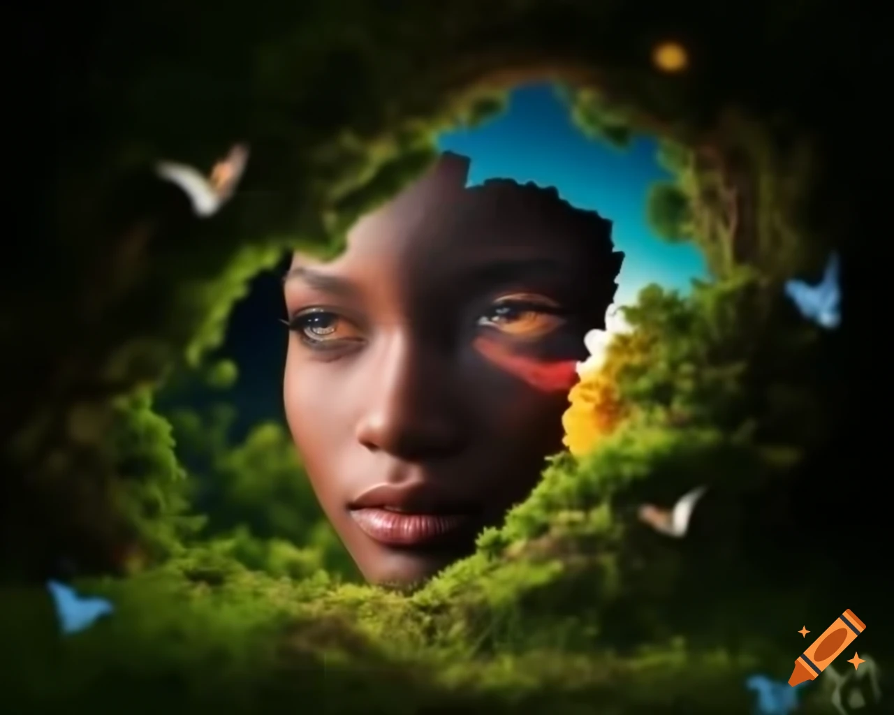 3D render of woman's face in forest with old growth trees, showcasing naturalism