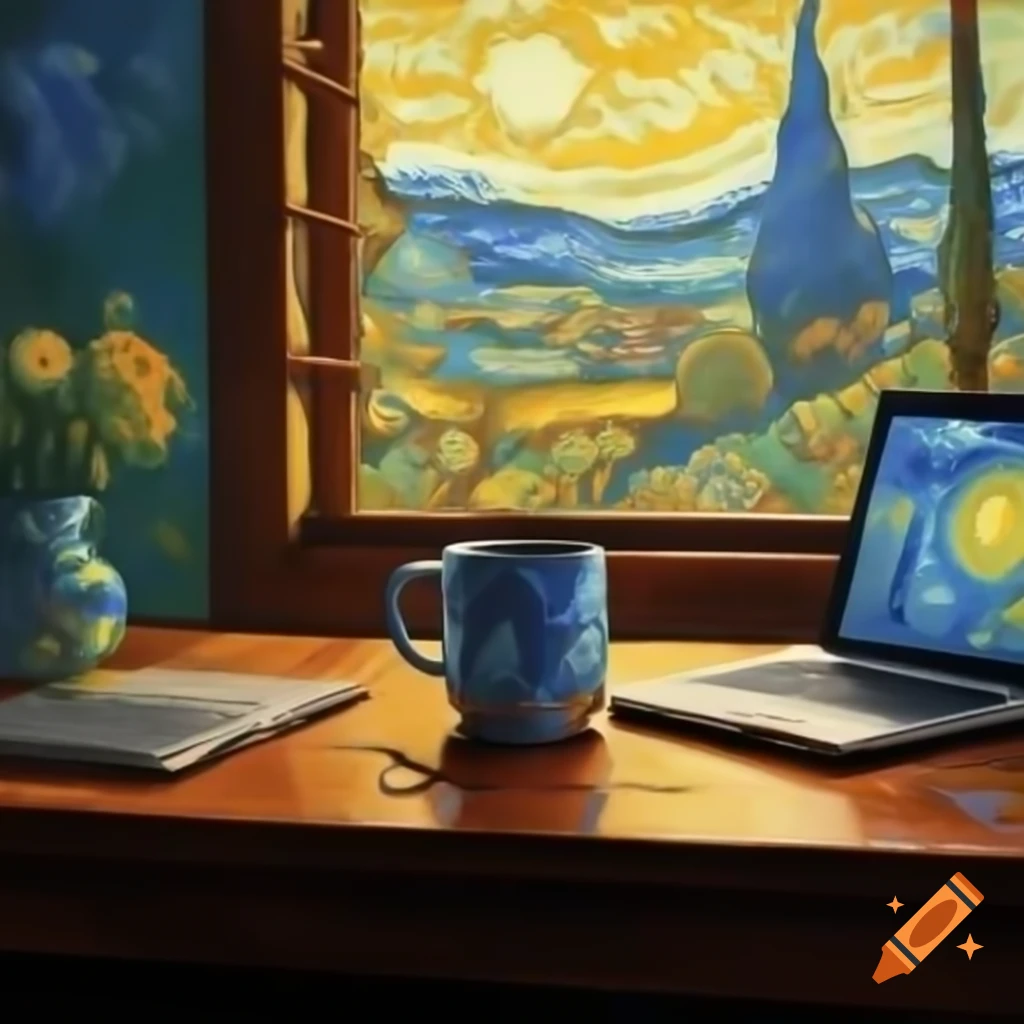 Coffee mug and open laptop on writer's desk by window at sunrise, Van Gogh style