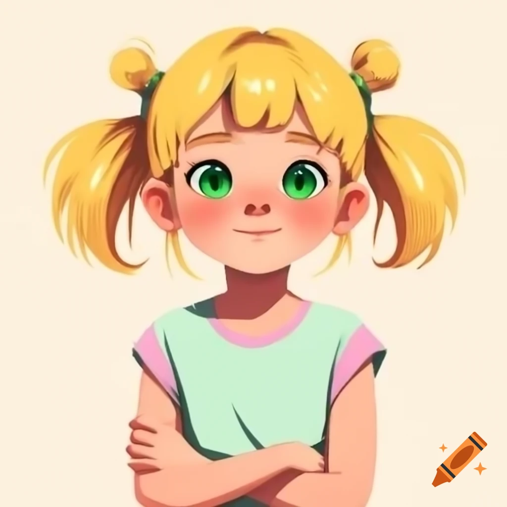 Anime girl with blonde hair and green eyes in light pink t-shirt, arms crossed