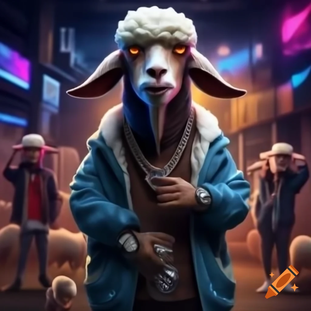 Animated goat in hip-hop attire performing on urban stage