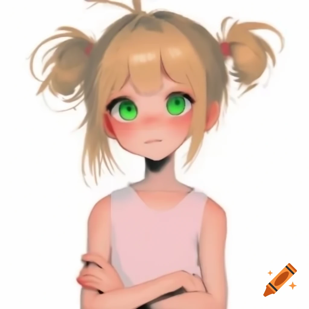 Anime-style girl with blonde hair and green eyes, wearing pink t-shirt and crossing arms