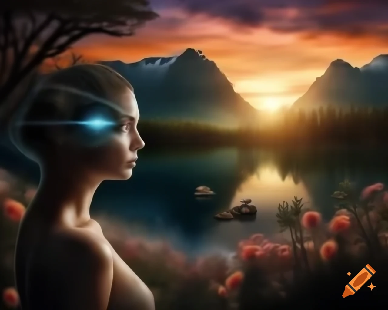 Surreal woman’s face intertwined with ancient trees and wildflowers